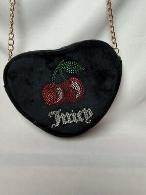 Juicy Couture Kids Black Velvet Heart-Shaped Rhinestone Cherry Crossbody Bag